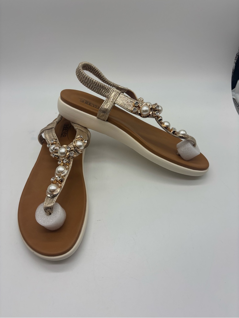 SHIBEVER Women’s Gold Pearl Rhinestone Thong Sandals Elastic Strap Flat Size 9